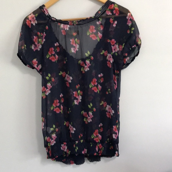 Hollister Sheer Blouse / Top, Blue with Red Florals, Size L. - Picture 3 of 8